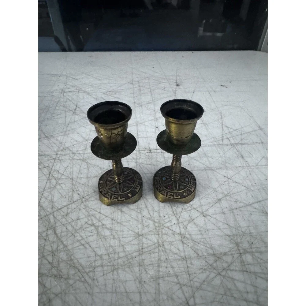 Vintage Israeli Brass Flame Menorah Set Eilat Stone Napkin Holder Candlesticks